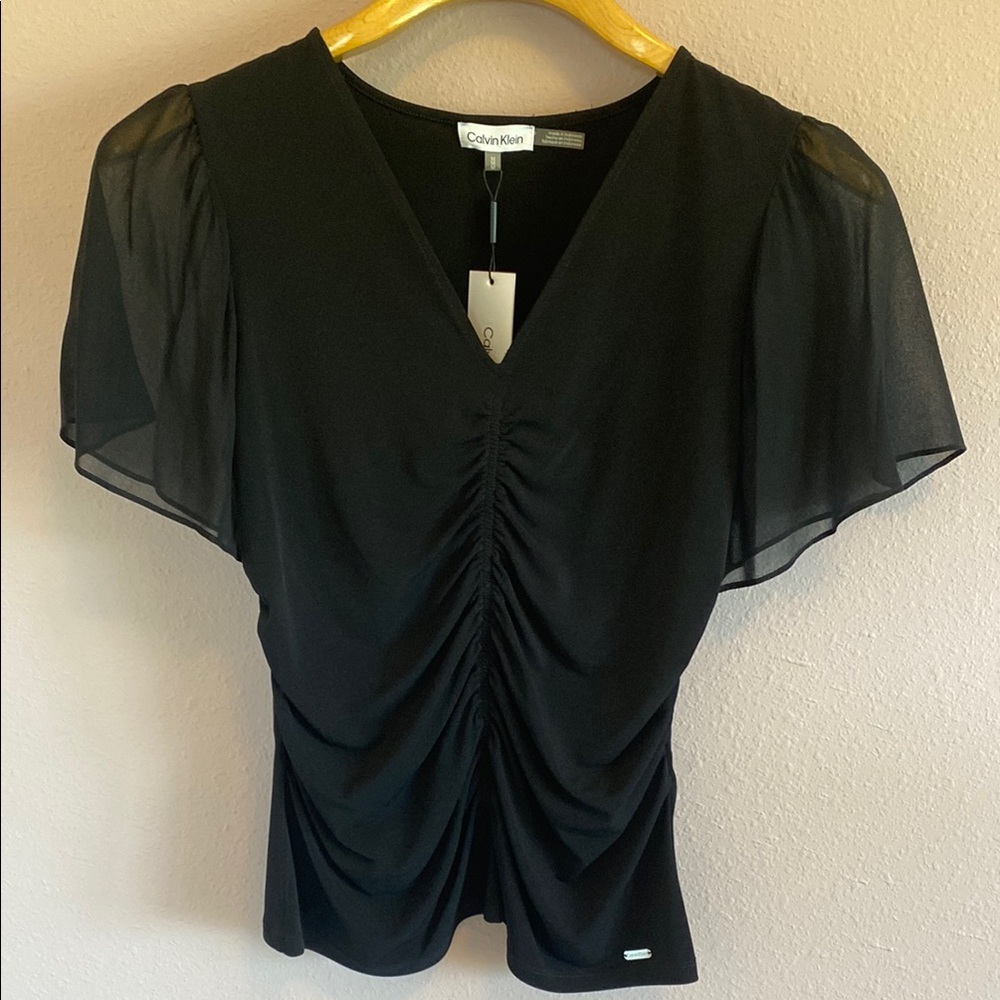 Calvin Klein Black Ruched Flutter Sleeve Blouse size M